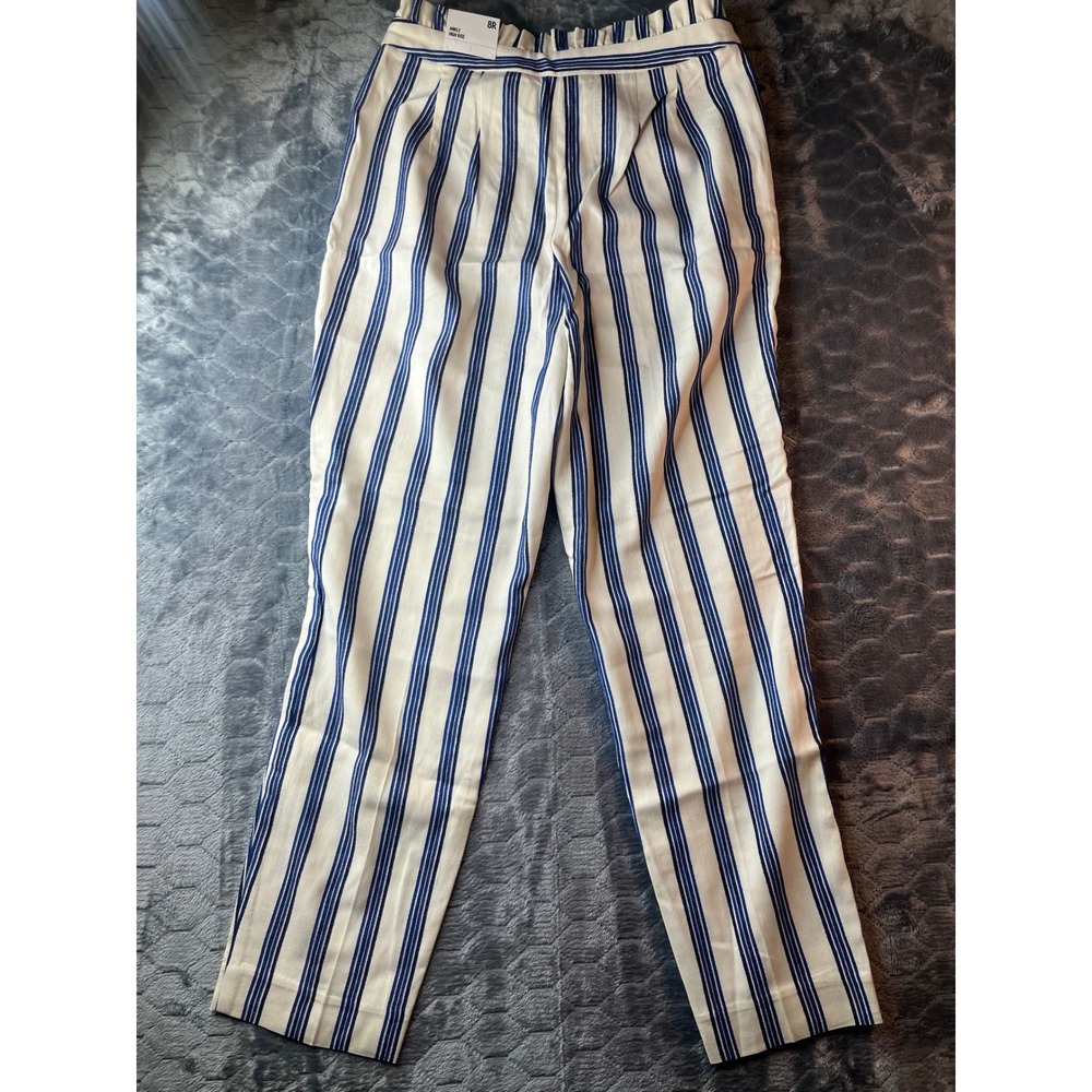 Express Womens 8R High Rise Ankle Paperbag Waist Striped Pants Cream Blue NEW - Picture 9 of 9
